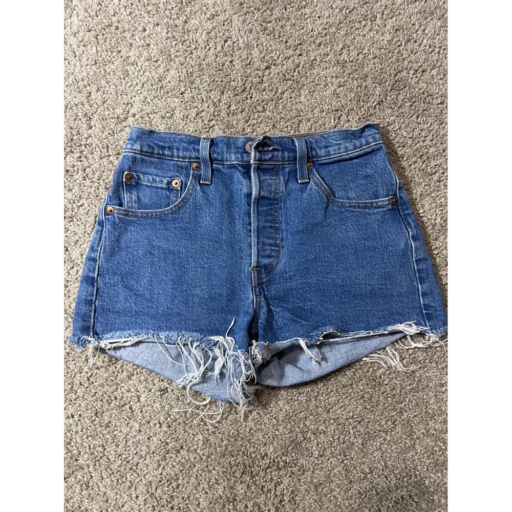 Levis 501 Original High Rise Medium Wash Denim Cut Off Shorts Blue W25